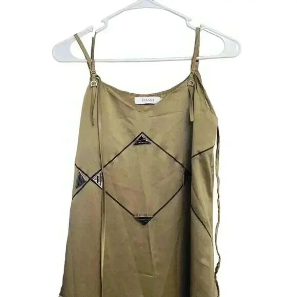 Chani Women's Gold Poly Satin Adj Spaghetti Strap Sun Dress w Silver Triangle Bu - Picture 2 of 14